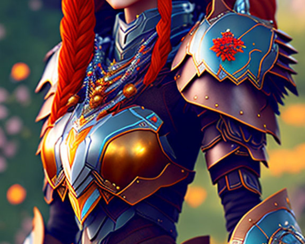 Red-Haired Elf in Blue and Gold Armor Surrounded by Flowers