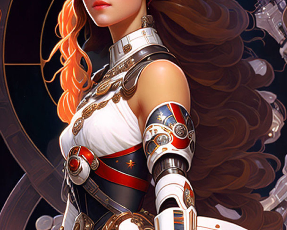 Cosmic steampunk digital art: Woman in white/silver armor with mechanical elements