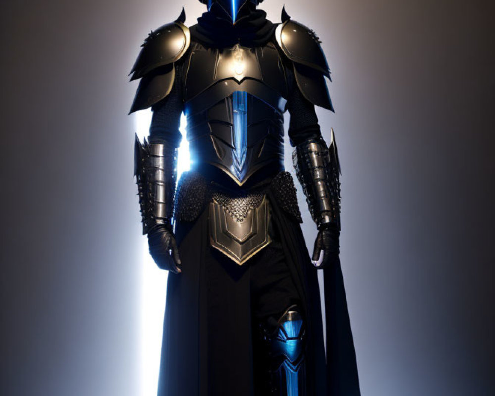 Stylized black armor with blue accents against curved wall