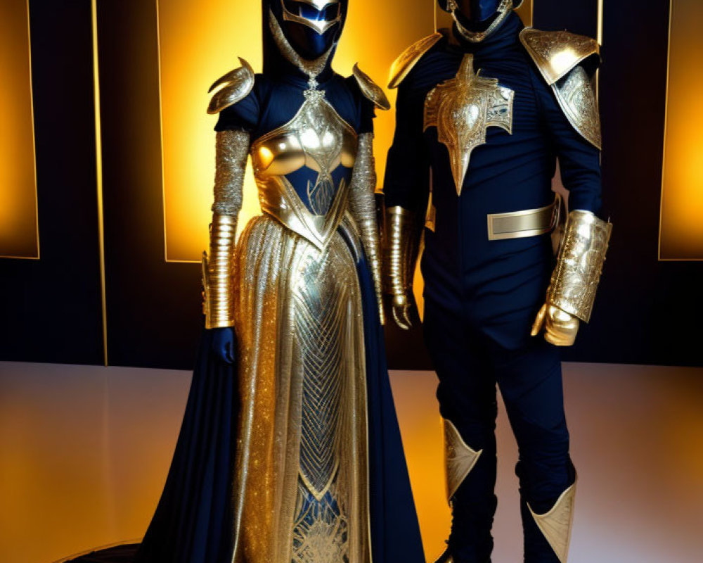Elaborate gold and black costume individuals with masks and armor posing against golden vertical lights