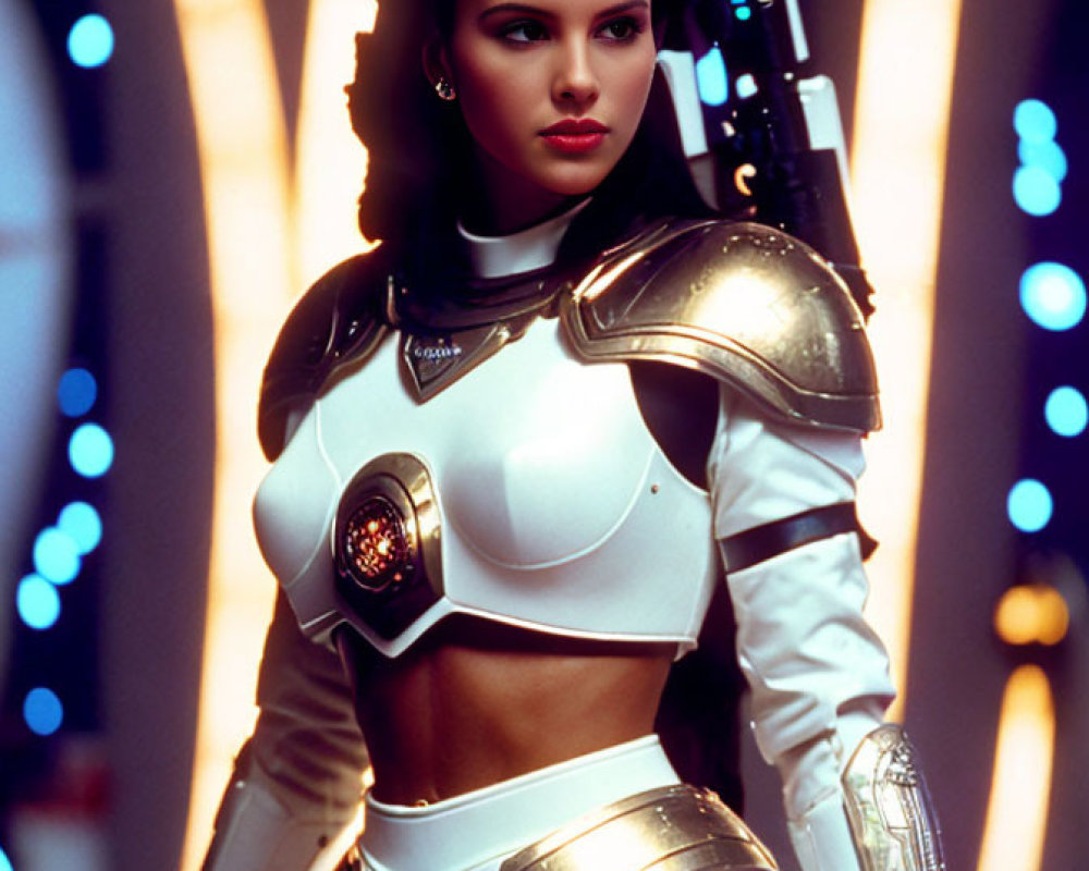 Futuristic woman in white armor with blaster in bright corridor