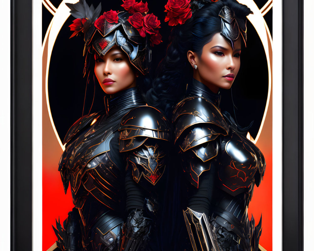 Two women in black armor with red floral accents against Art Deco background