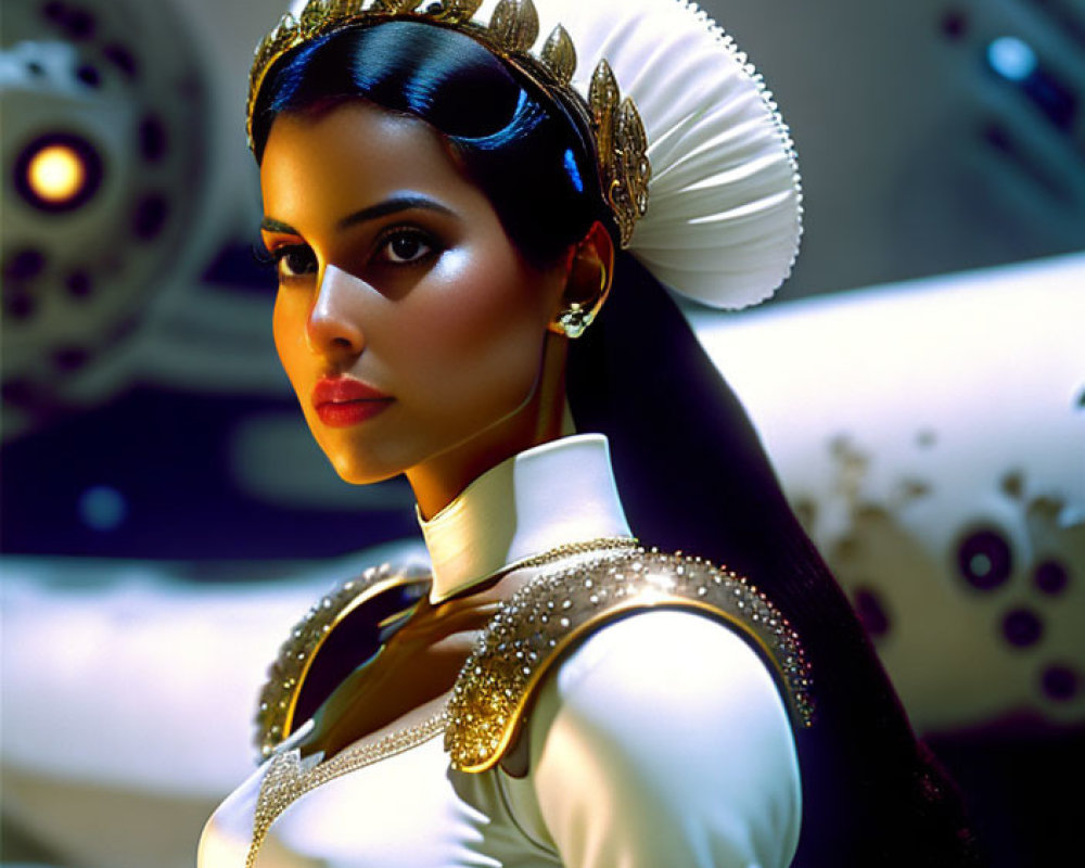 Futuristic woman in white-and-gold attire with ornate headdress poses against spherical backdrop