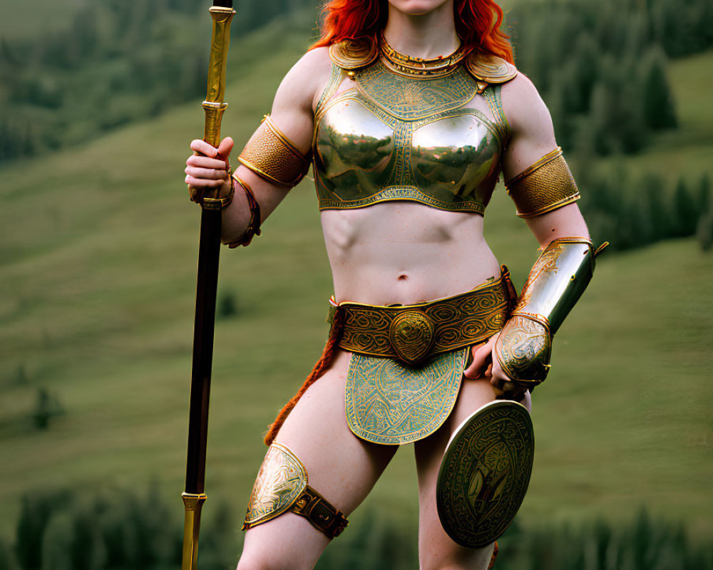Red-haired woman in ornate warrior costume with spear in lush meadow