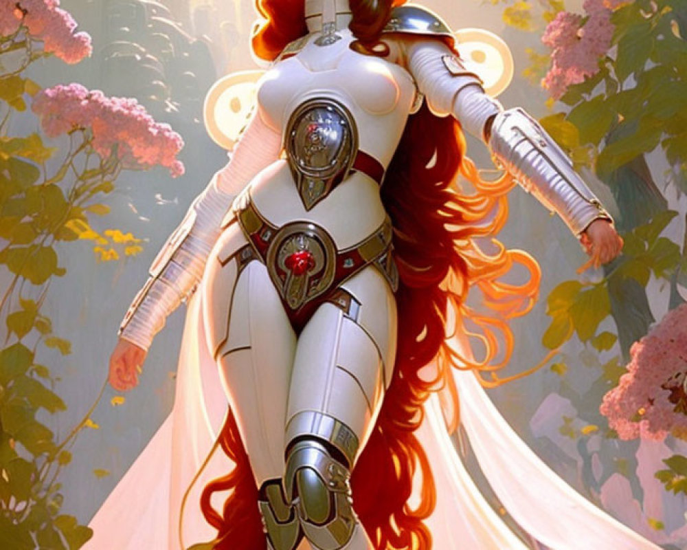 Stylized female character in futuristic armor with flowing red hair in forest setting