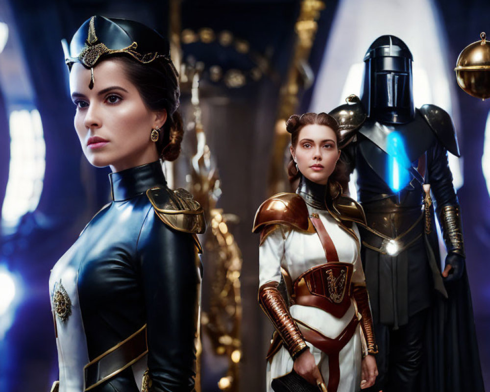Three individuals in ornate science fiction costumes in a futuristic hall