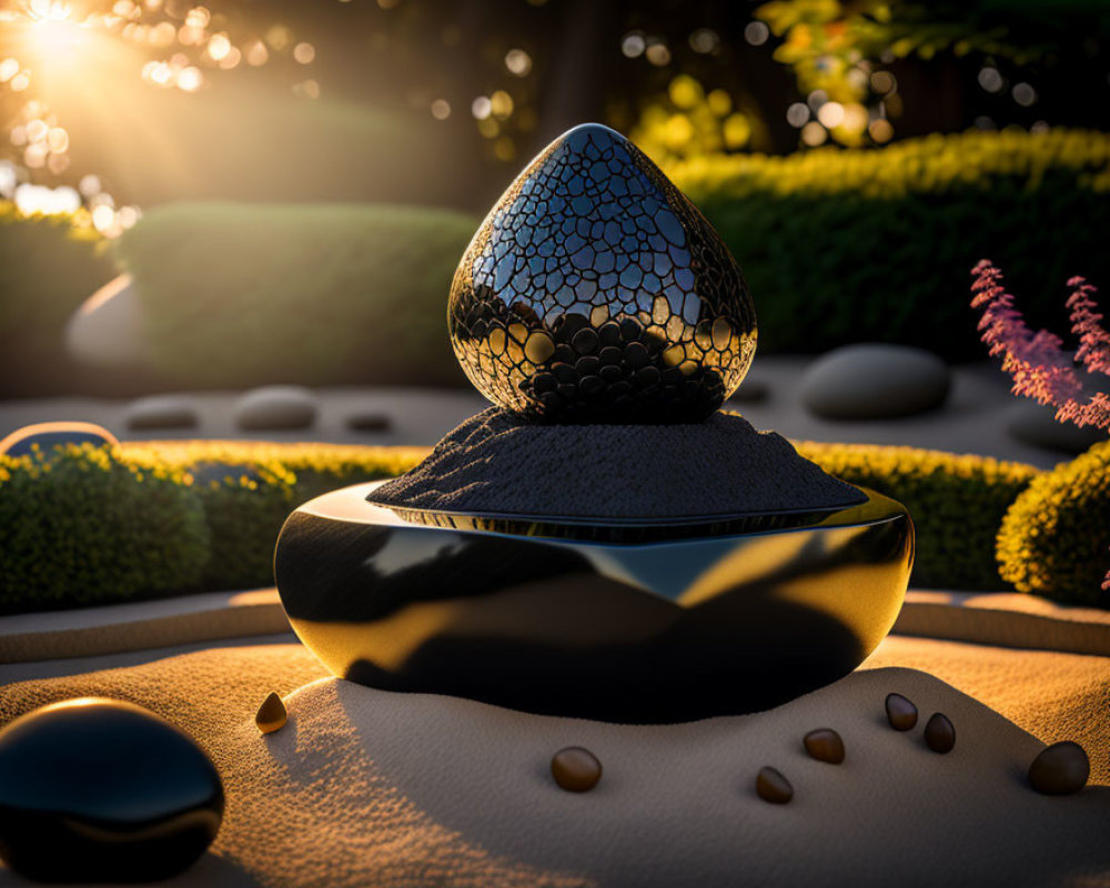 Ornate egg-shaped object with patterned surface in Zen garden at sunset