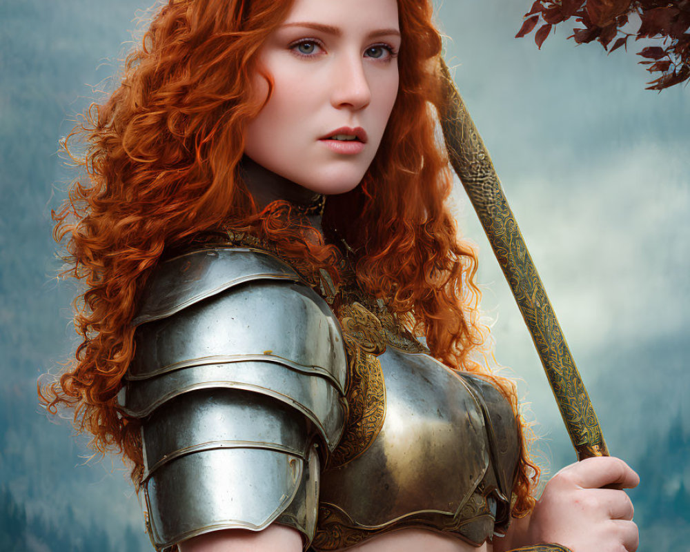 Red-Haired Woman in Silver Armor with Sword in Misty Forest