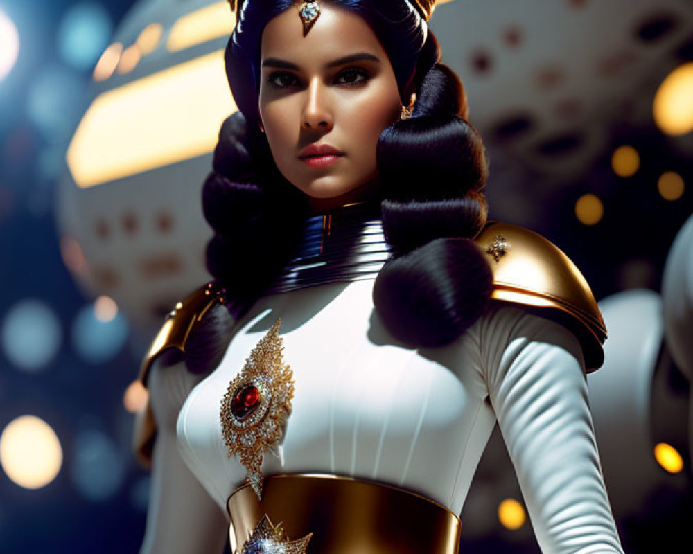 Digital artwork of woman in futuristic white and gold outfit with gem-adorned headdress blending ancient and