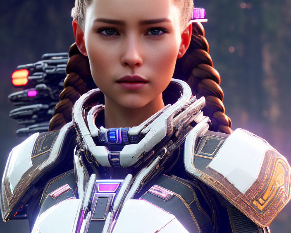 Close-up of woman in futuristic white and orange armor with braided hair.