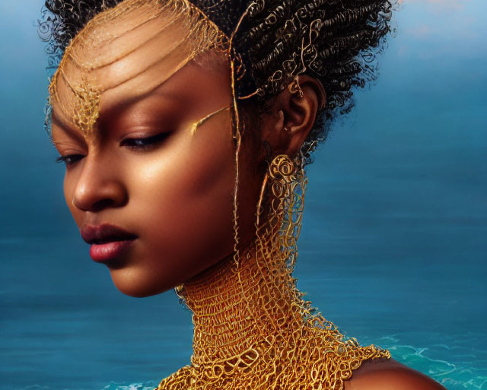 Digital artwork of woman with intricate hairstyle & gold chainmail jewelry against serene blue ocean & sky.