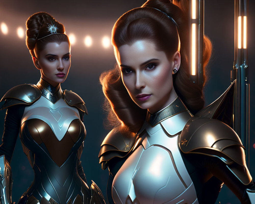 Futuristic armor-clad women with elaborate hairstyles in neon-lit scene