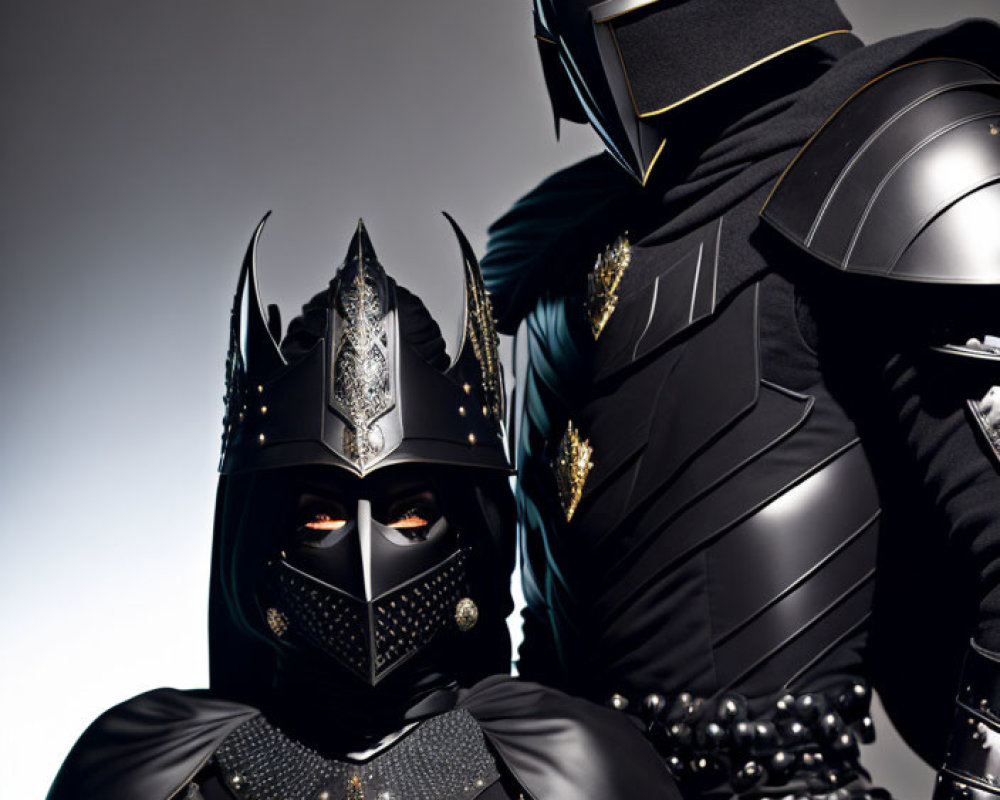 Elaborate black and gold armor with intricate designs on two figures.