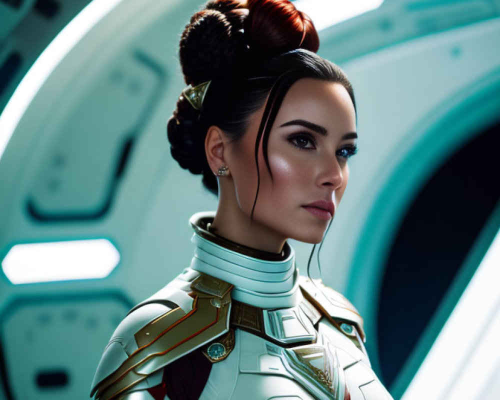 Woman in futuristic white and gold armor with intricate updo hairstyle in spaceship corridor