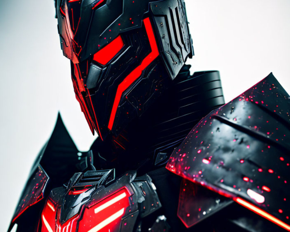 Black and Red Armored Costume with Glowing Elements and Cat-like Ear Design