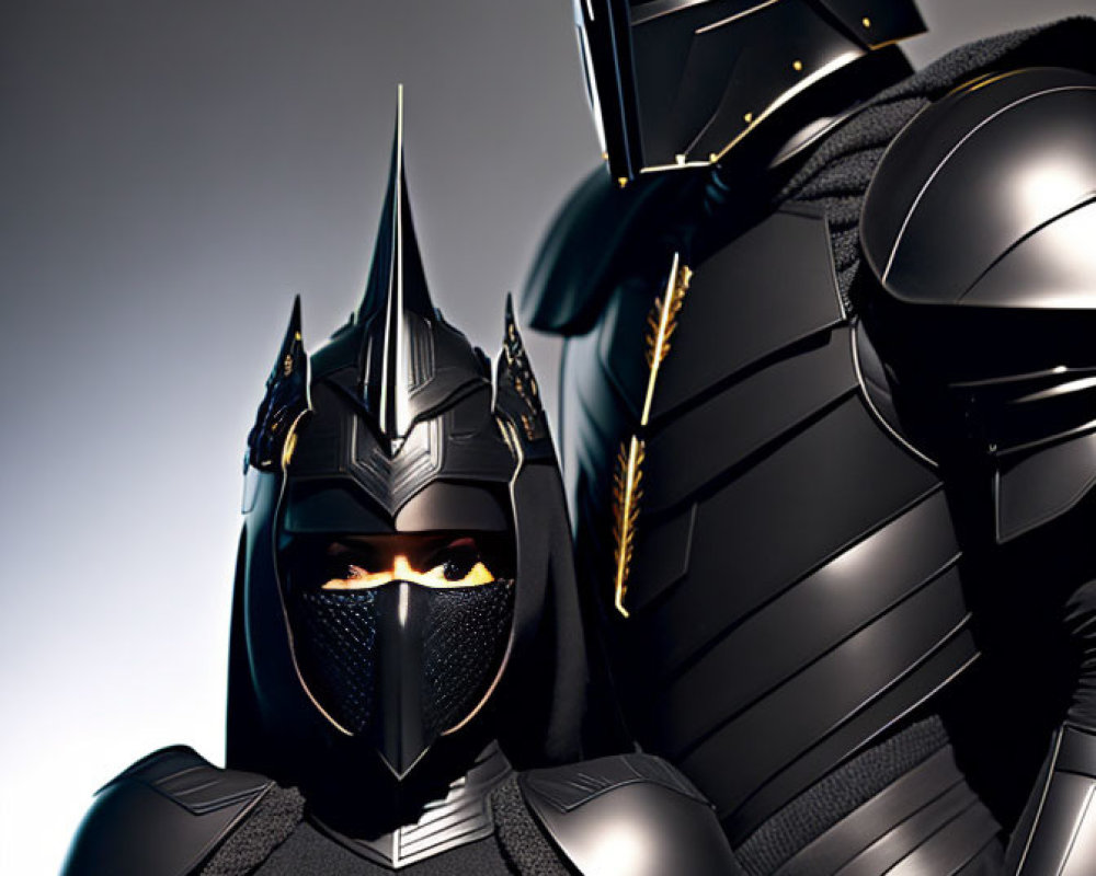 Futuristic black armor suits with helmets on grey background