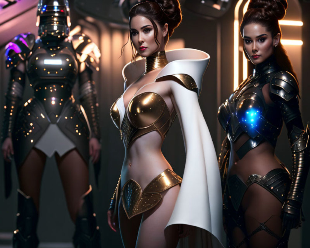 Three women in futuristic armor in spaceship corridor with sleek designs.