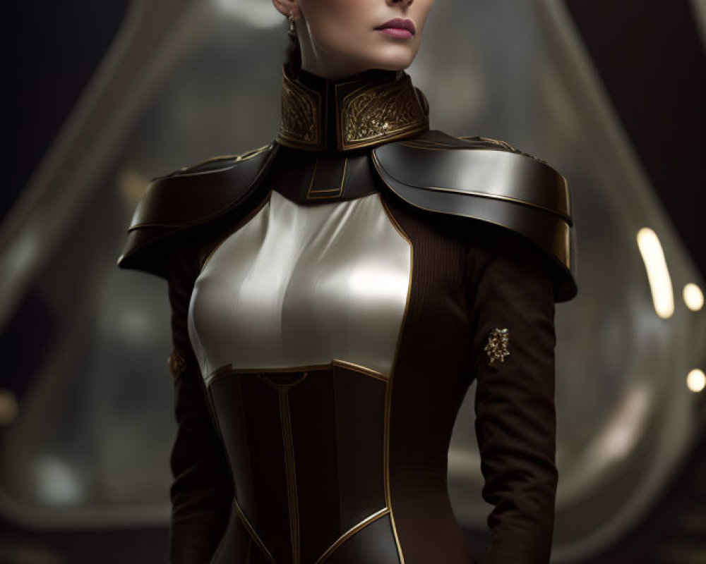 Regal figure in futuristic armor with ornate crown.