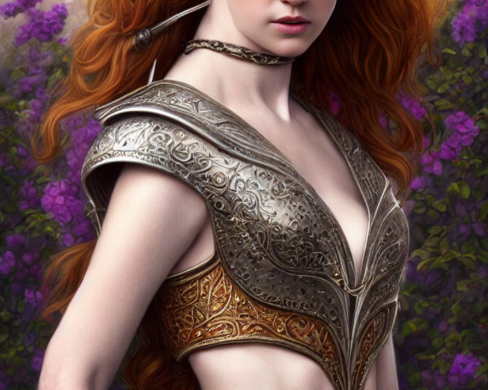 Detailed red-haired woman in golden armor with crown, surrounded by purple flowers