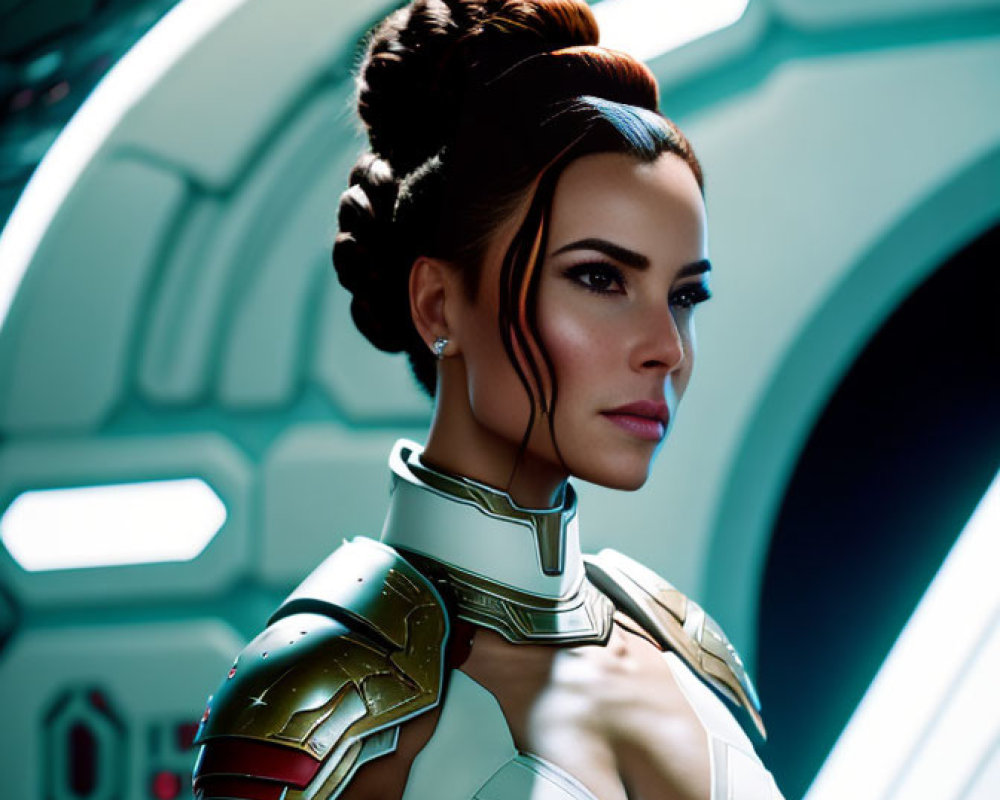Detailed Armor and Stylish Hair on Female Android in Futuristic Spaceship Interior