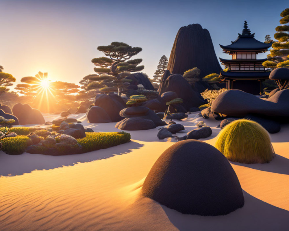 Tranquil Japanese Garden with Pagoda and Raked Sand