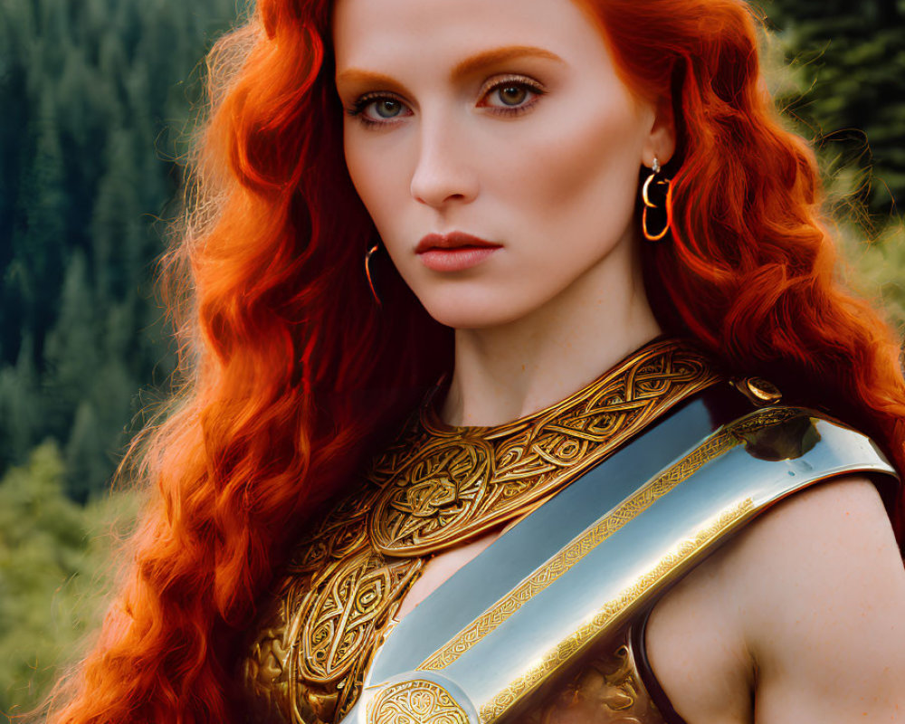 Vibrant red-haired woman in golden armor against forest backdrop