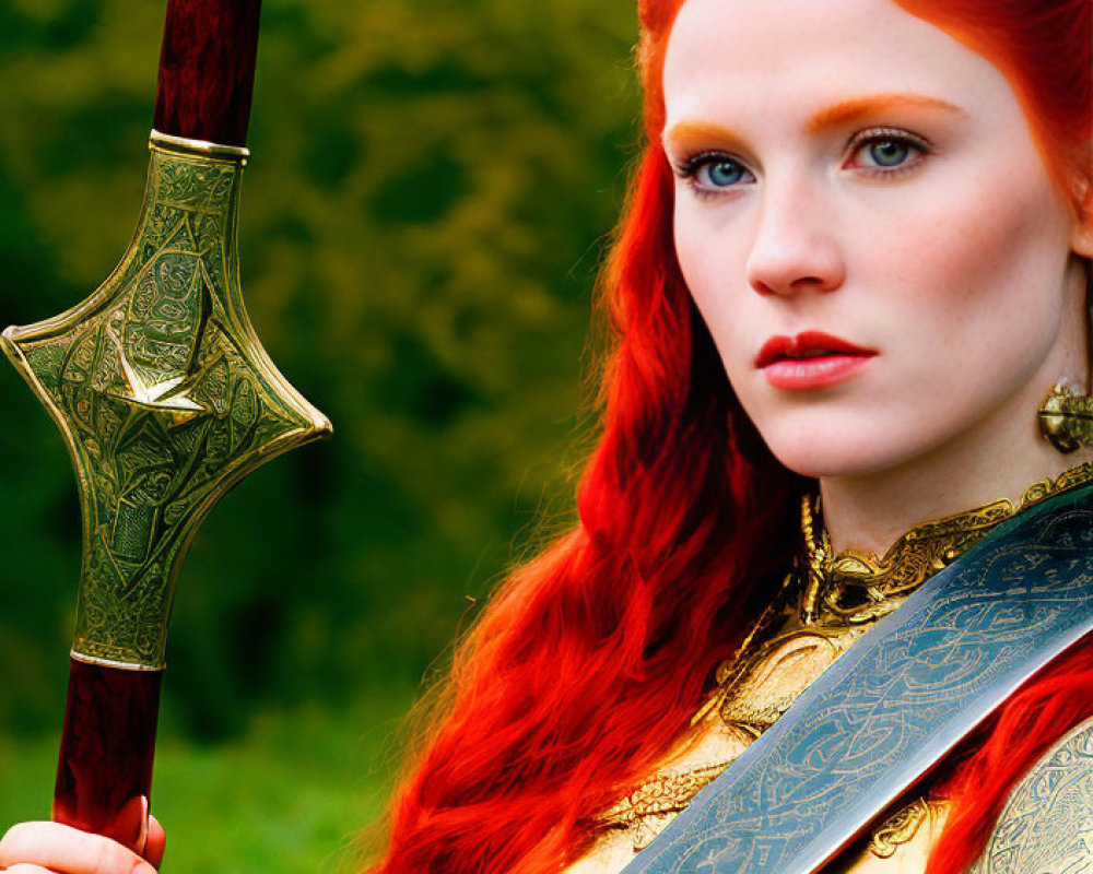 Vivid red-haired woman in fantasy costume with decorative sword against green foliage.