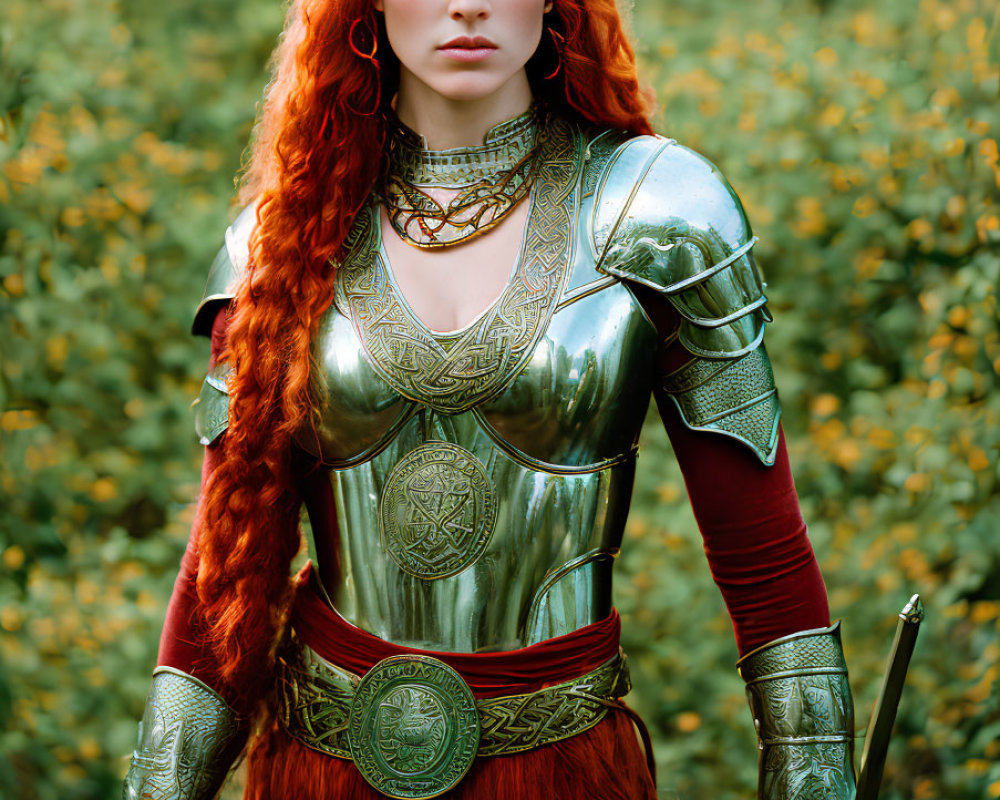Red-haired woman in medieval armor standing in forest