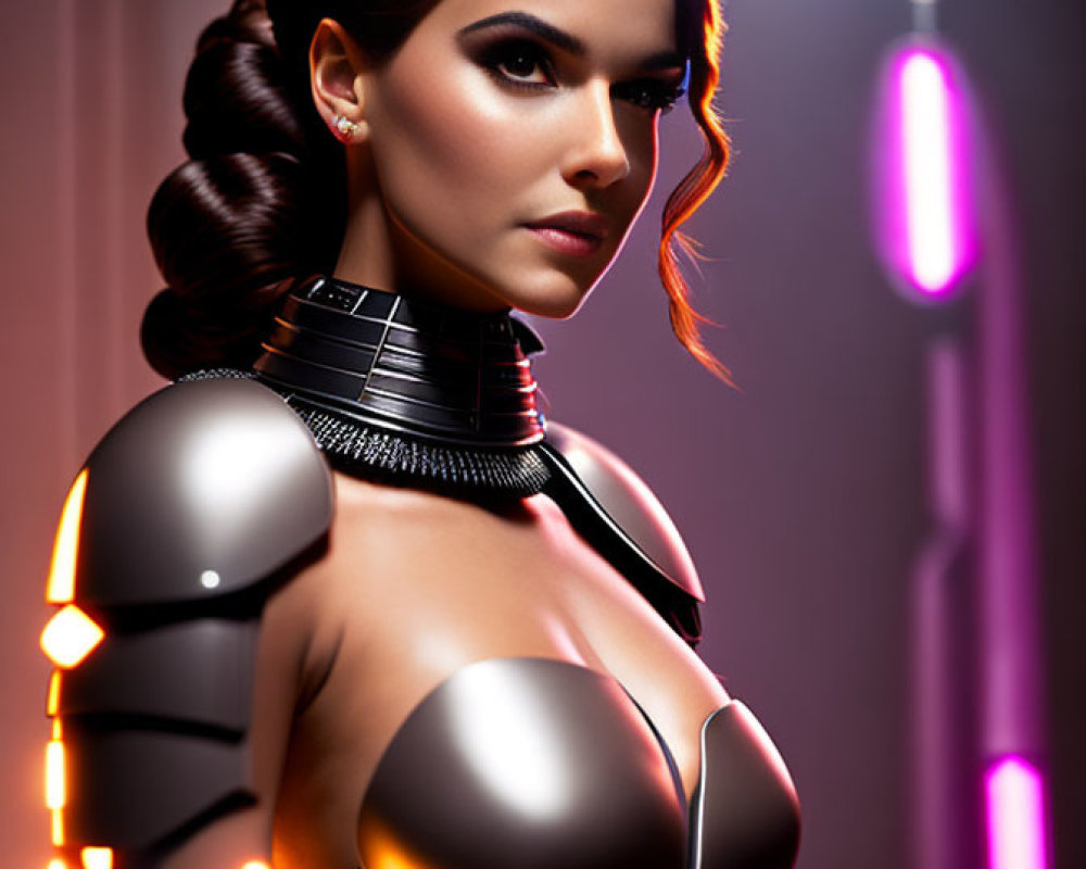 Futuristic woman in black armor with glowing orange accents in neon-lit setting