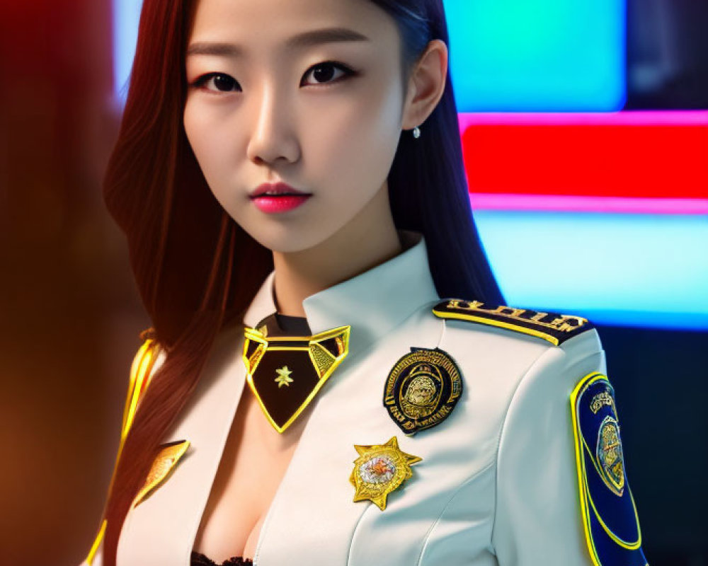 Confident woman in police-style uniform with badges and epaulettes under neon lights