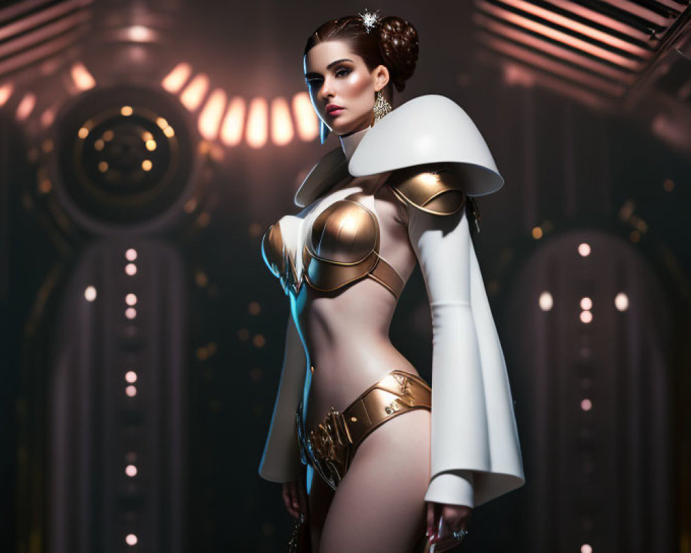 Futuristic white and gold armor on confident female figure in 3D render