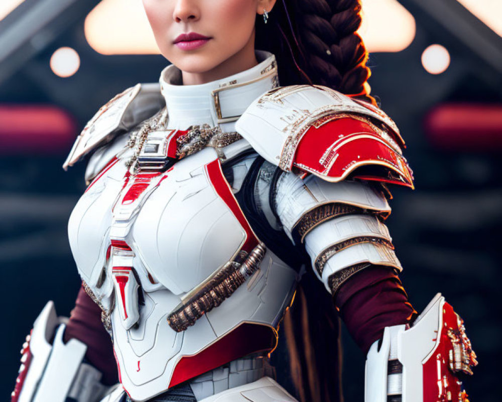 Woman in White and Red Futuristic Armor with Braided Hairstyle Pose Confidently