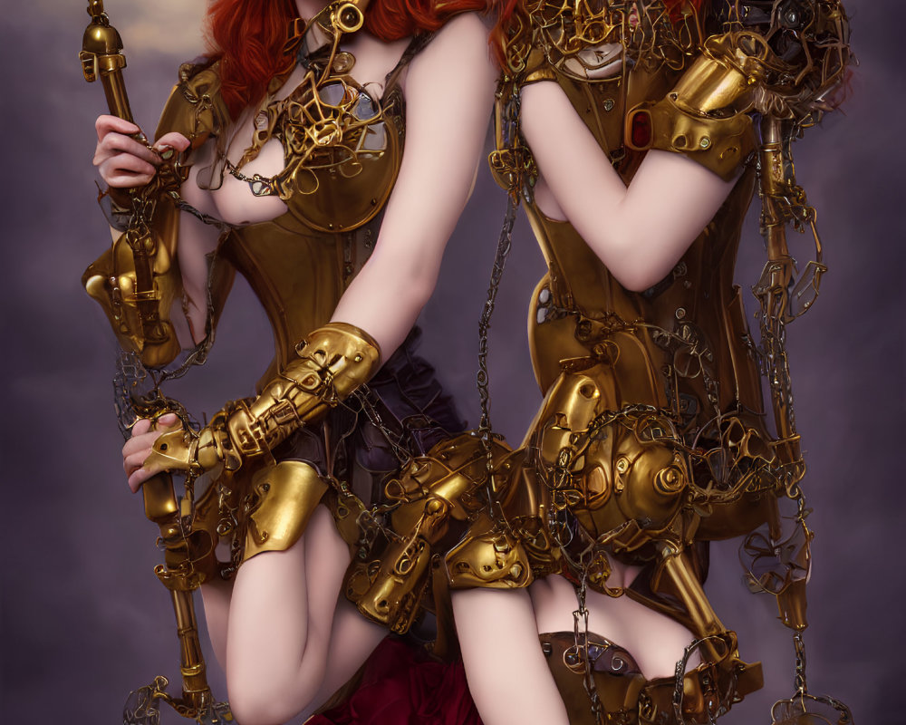 Steampunk-themed image of two women with cogwheel accessories and red hair on moonlit background