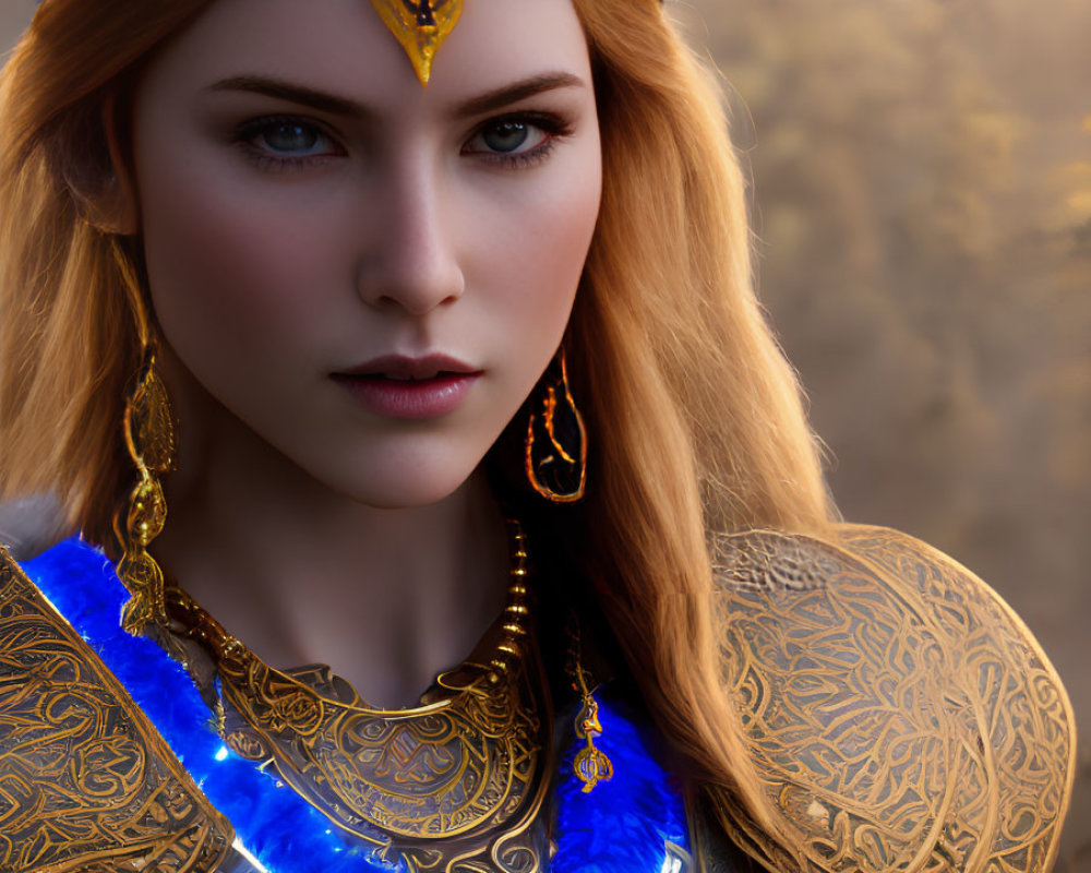 Striking blue-eyed woman in golden armor with blue gemstones