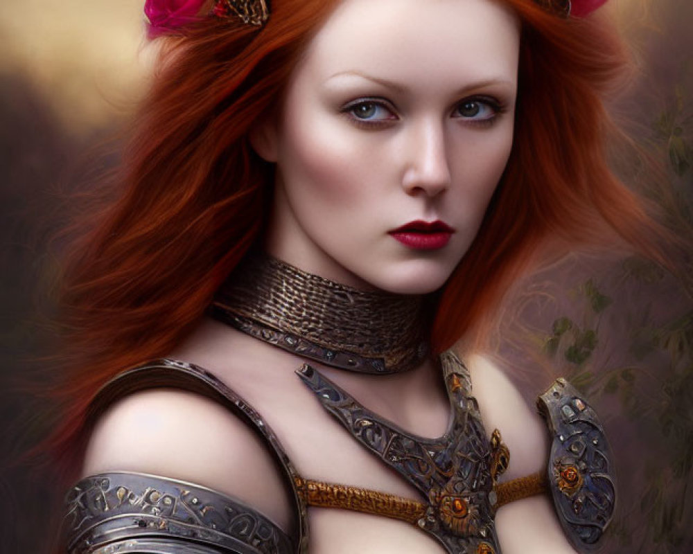 Regal Woman in Red Hair and Rose Crown in Medieval Armor