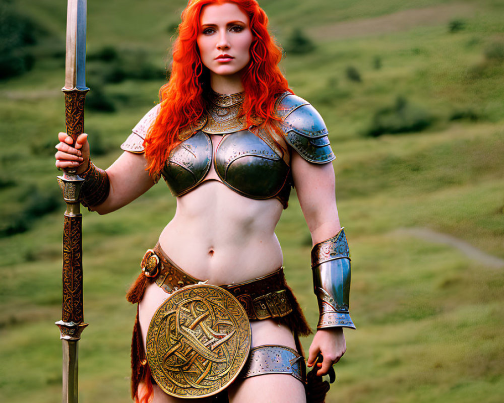 Red-Haired Warrior Woman in Ornate Armor Holding Spear on Green Hills