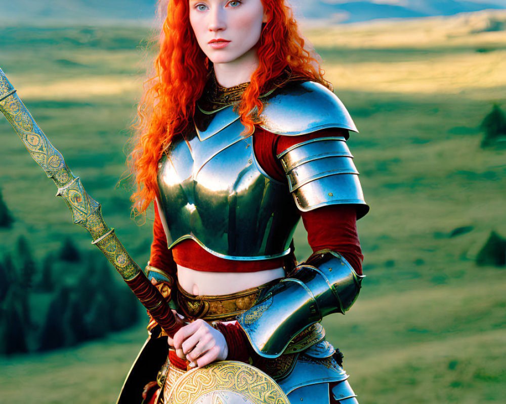Redhead warrior in medieval armor with sword in field and mountains