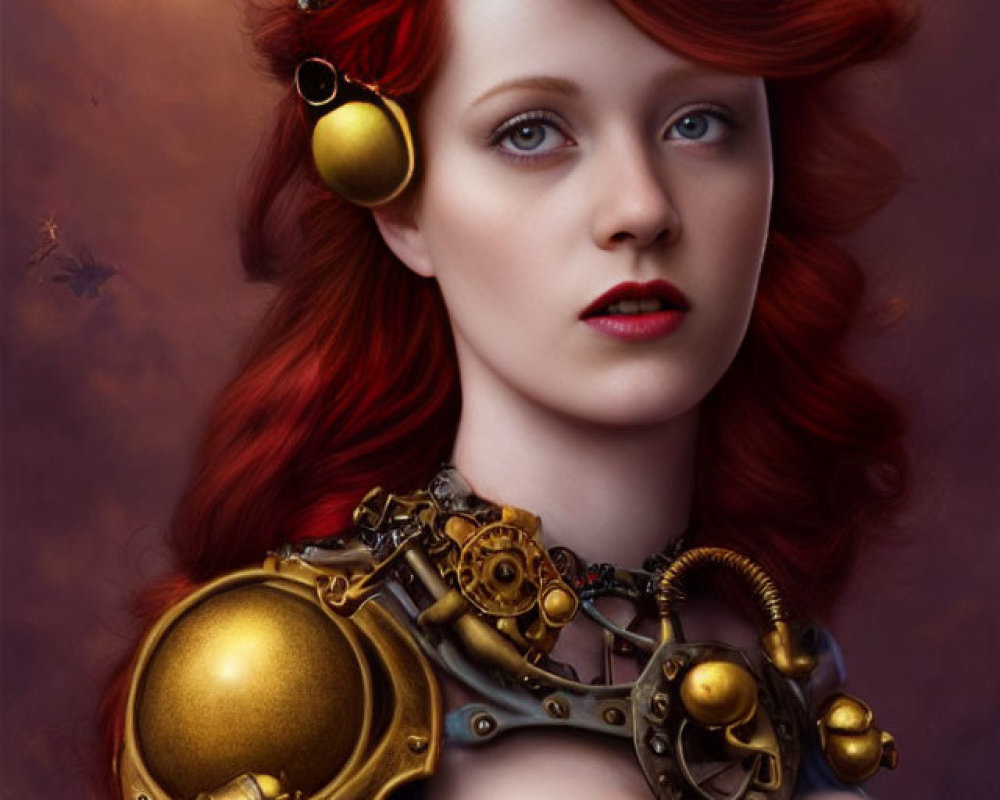 Bright Red-Haired Woman in Steampunk Crown & Armor