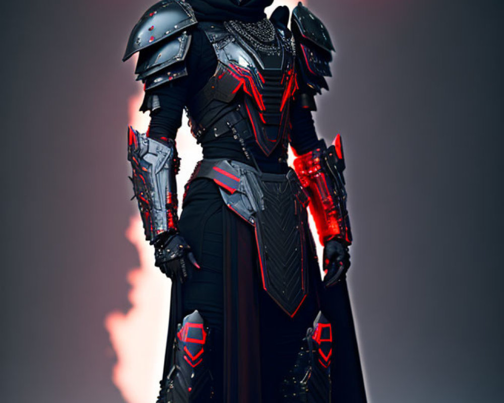 Menacing futuristic knight in black and red armor on dark red backdrop