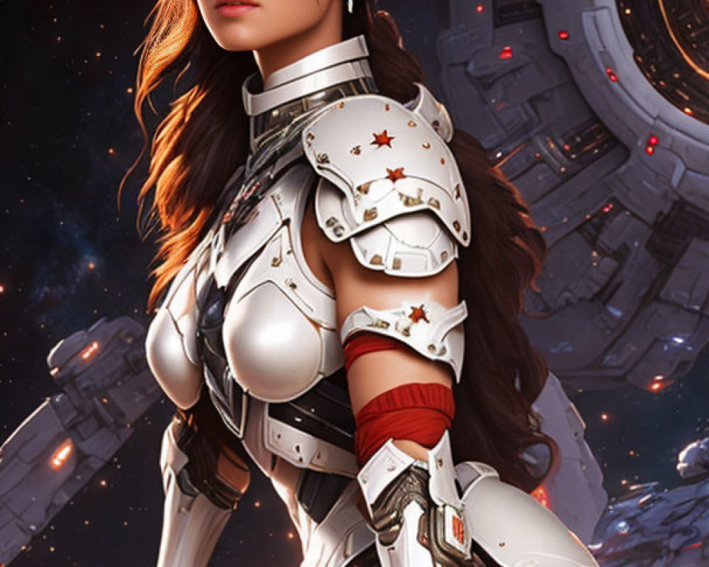 Female warrior in futuristic armor with space station backdrop