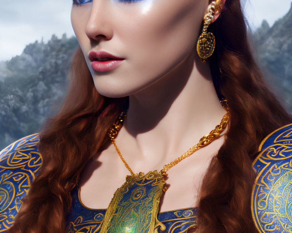 Woman with Blue Eye Makeup and Gold Jewelry Against Mountainous Backdrop