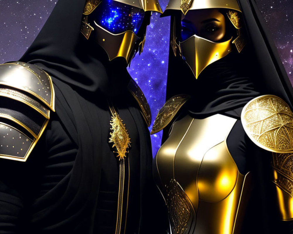 Two individuals in golden and black armor with helmets in cosmic setting