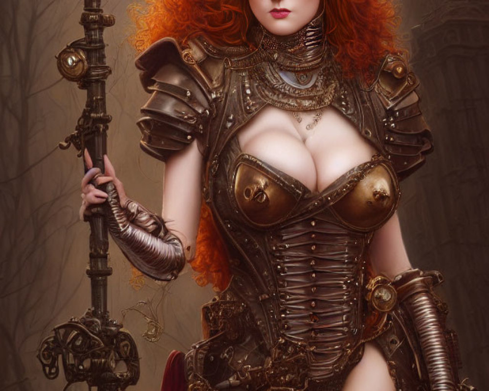 Vibrant red-haired woman in medieval armor by lamp post in mystical setting