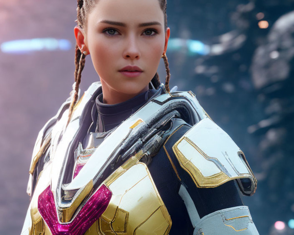Digital artwork of woman in futuristic armor with braided hair against natural background