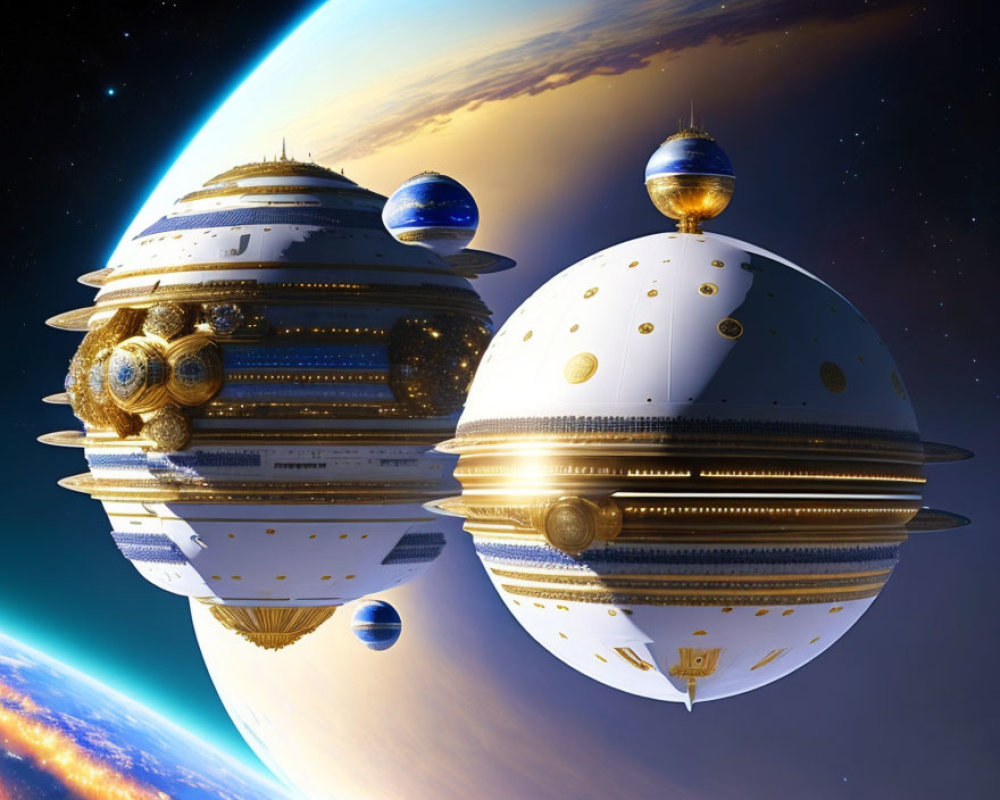 Spherical Space Stations with Golden Details in Orbit