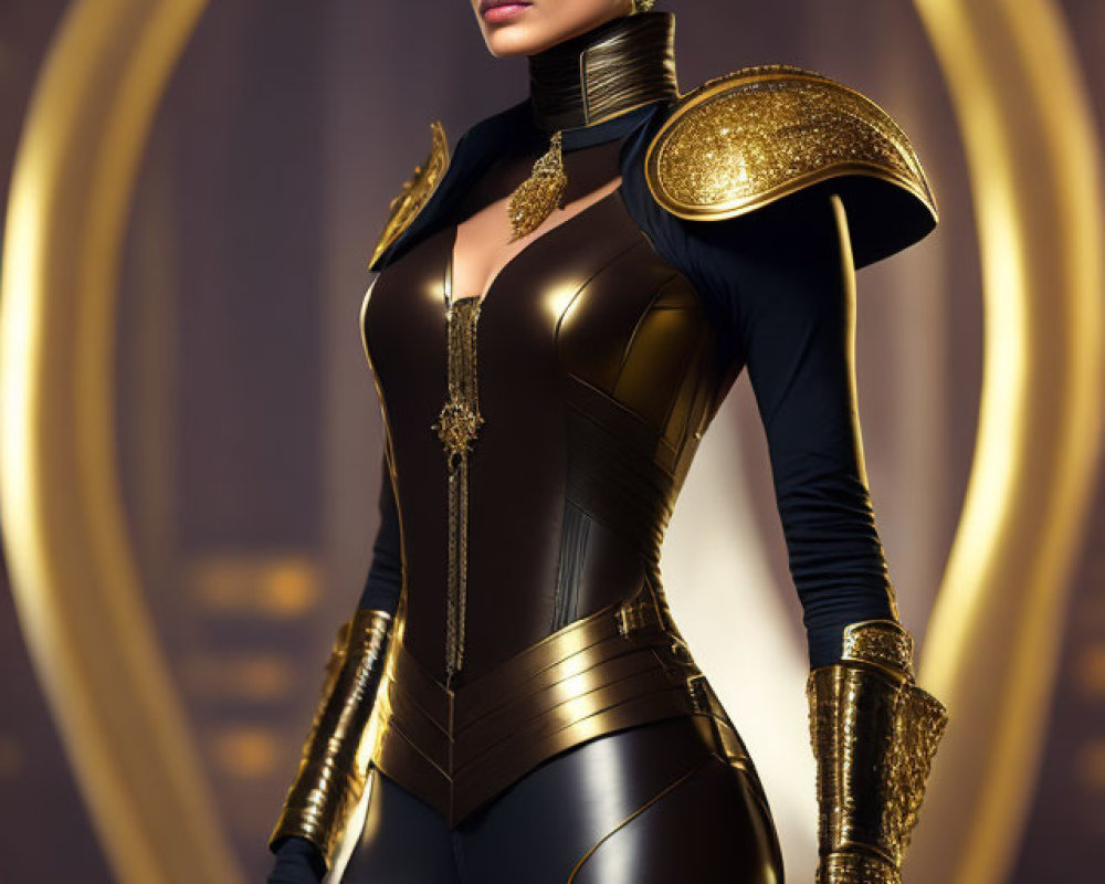 Person in Black and Gold Costume with Ornate Details and Shoulder Armor