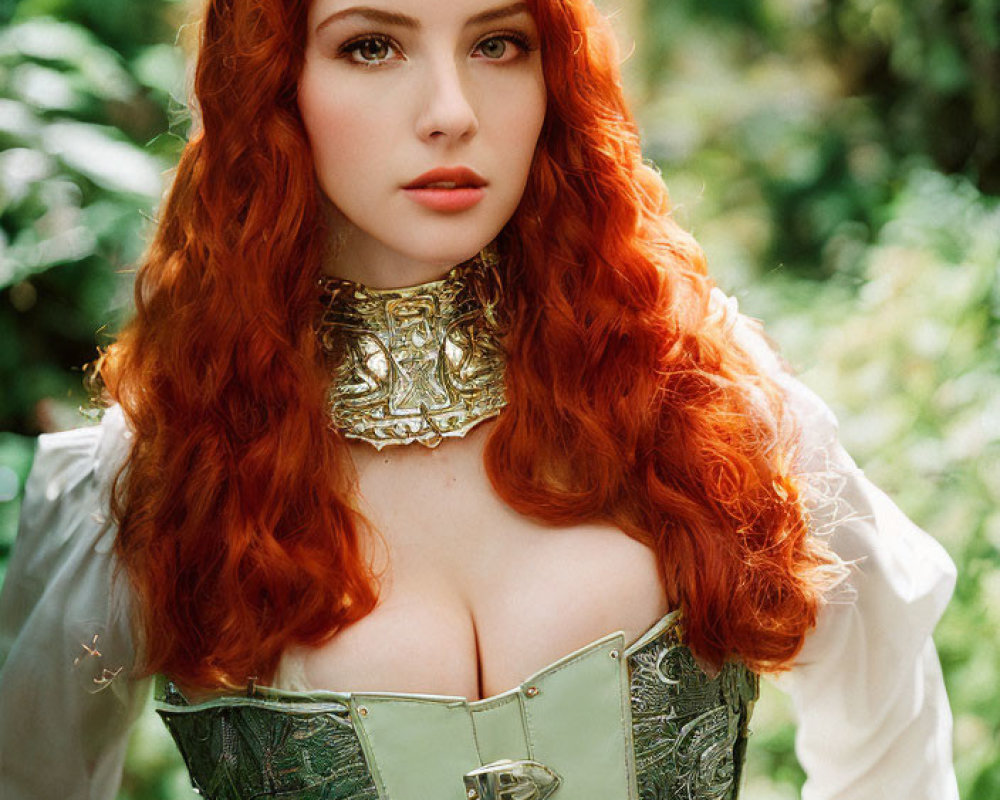 Vibrant red-haired woman in fantasy green corset and white blouse against greenery.