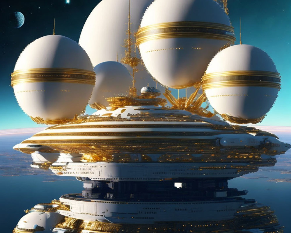 Futuristic cityscape with floating spherical structures and golden accents under a starry sky.