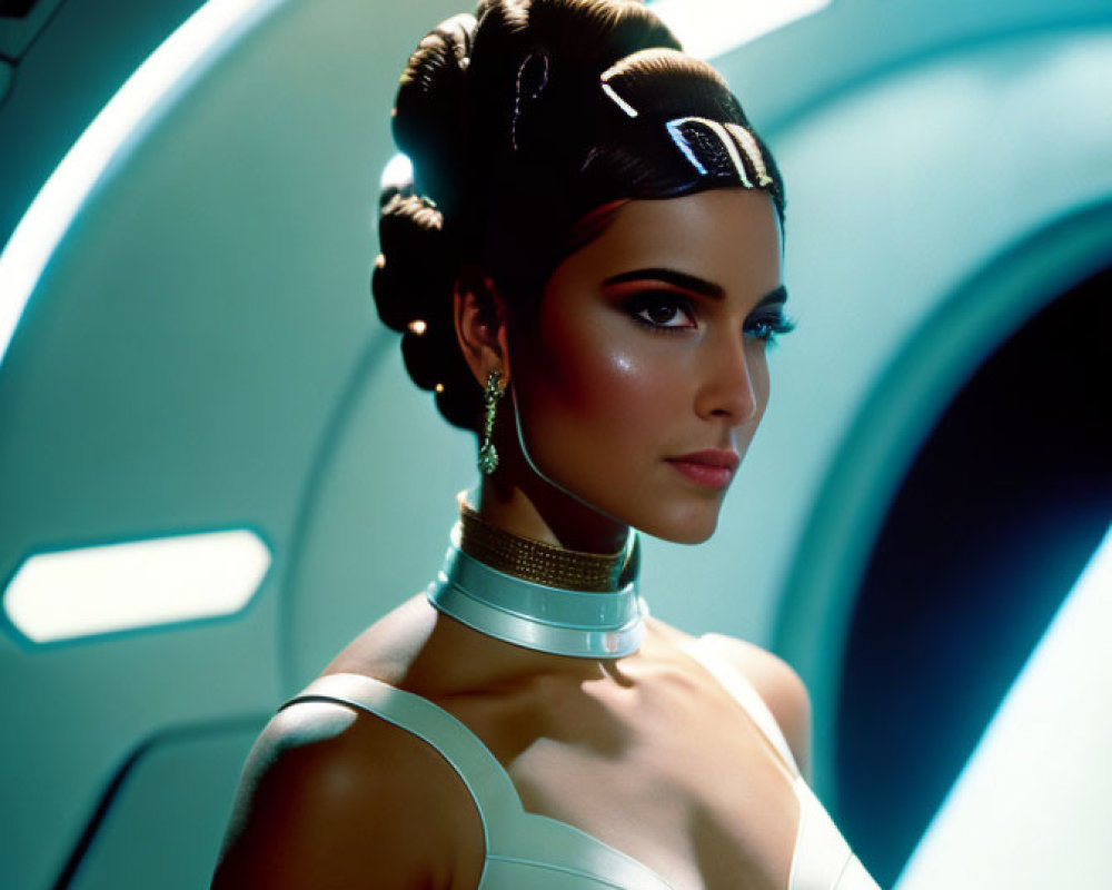 Elaborate futuristic hairstyle on woman in white attire with metallic choker against blue-lit sci-fi