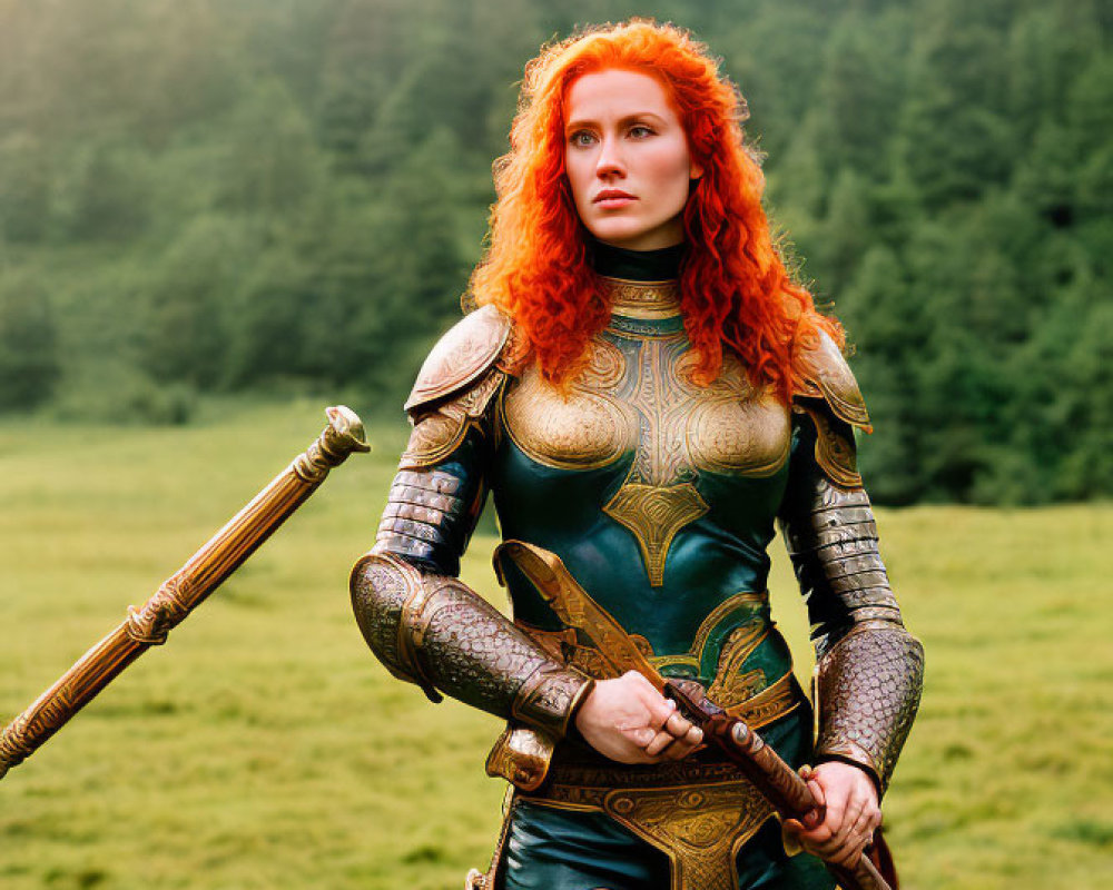 Red-haired woman in medieval armor wields sword in misty forest.